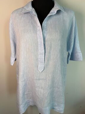 Ann Mashburn Linen Popover Top Chambray Blue Short Sleeve Sz M